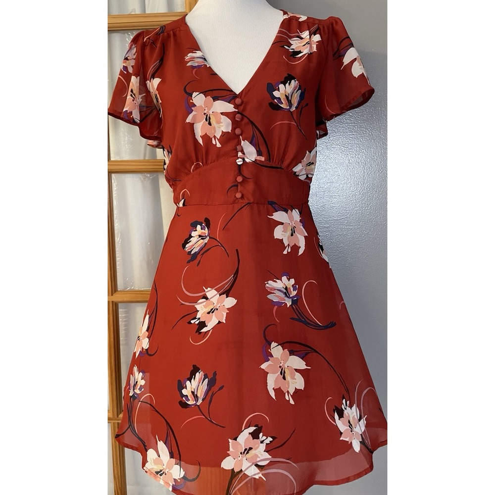 Y2K Charlotte Russe Floral A-Line Mini Dress Sz S Red Chiffon Buttons Party City